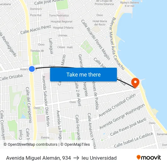 Avenida Miguel Alemán, 934 to Ieu Universidad map
