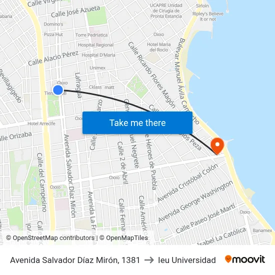 Avenida Salvador Díaz Mirón, 1381 to Ieu Universidad map