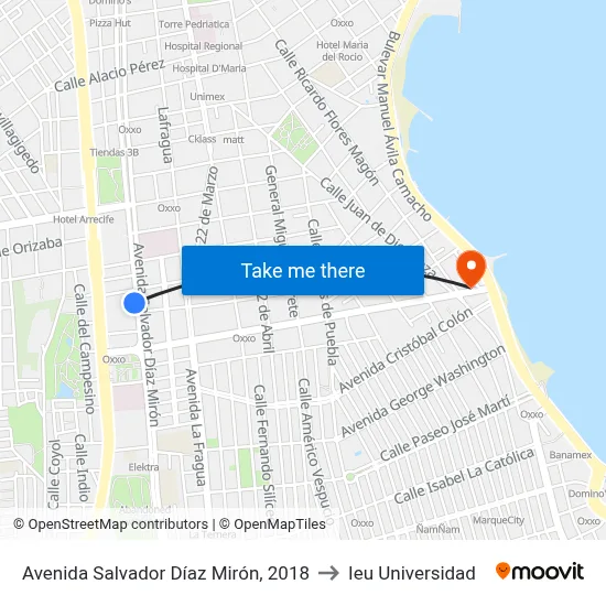 Avenida Salvador Díaz Mirón, 2018 to Ieu Universidad map