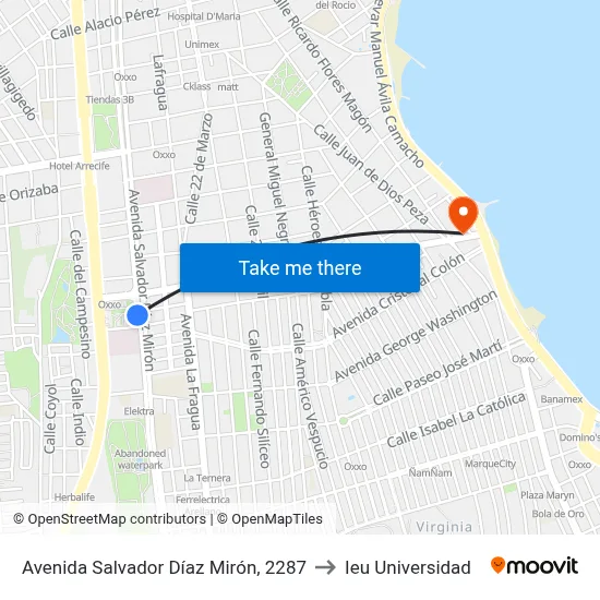 Avenida Salvador Díaz Mirón, 2287 to Ieu Universidad map
