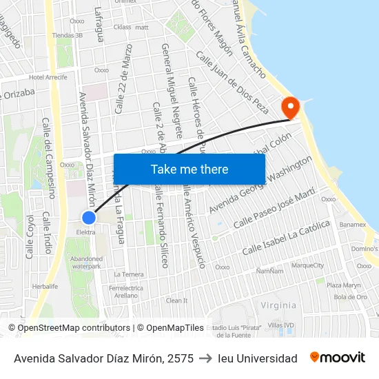 Avenida Salvador Díaz Mirón, 2575 to Ieu Universidad map