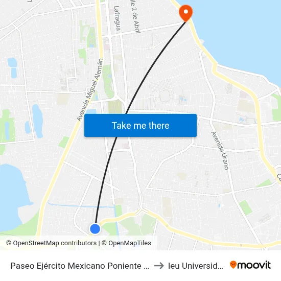 Paseo Ejército Mexicano Poniente 30 to Ieu Universidad map