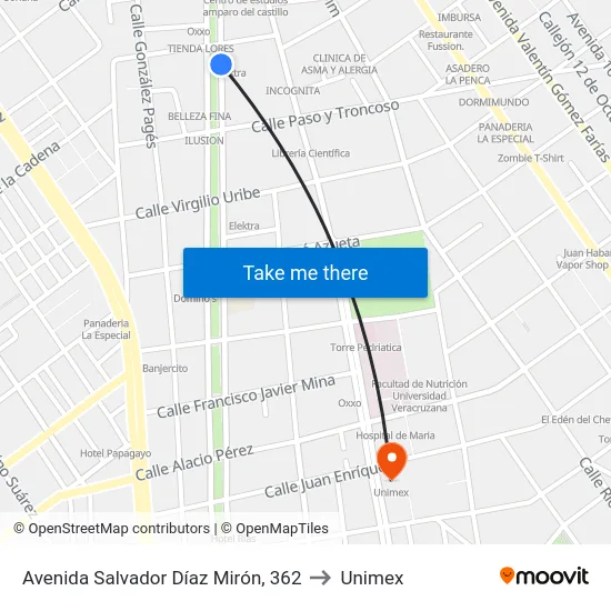 Avenida Salvador Díaz Mirón, 362 to Unimex map