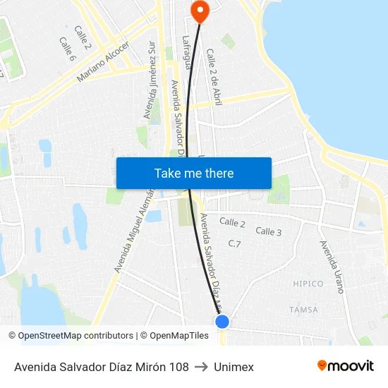Avenida Salvador Díaz Mirón 108 to Unimex map