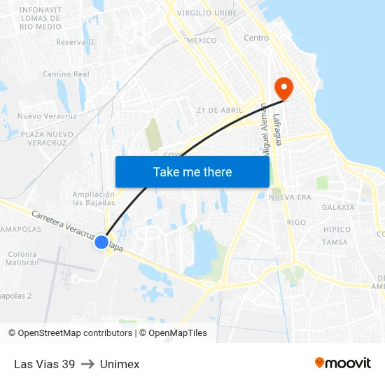 Las Vias 39 to Unimex map