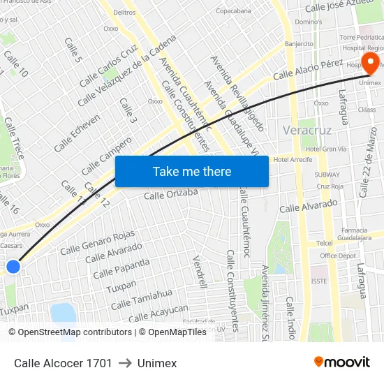 Calle Alcocer 1701 to Unimex map