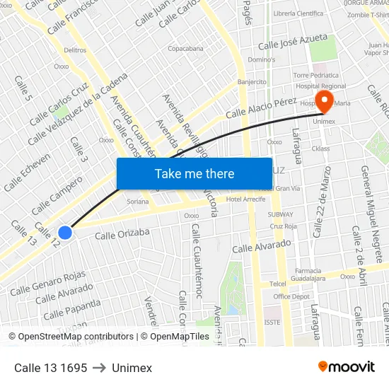 Calle 13 1695 to Unimex map