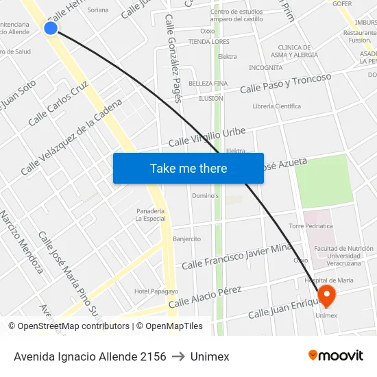 Avenida Ignacio Allende 2156 to Unimex map