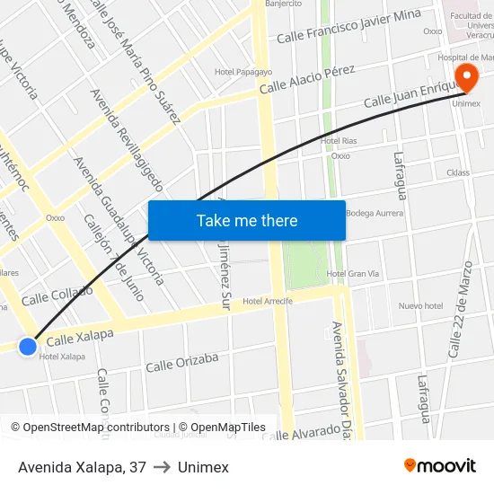 Avenida Xalapa, 37 to Unimex map