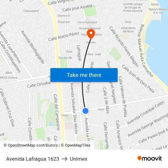 Avenida Lafragua 1623 to Unimex map