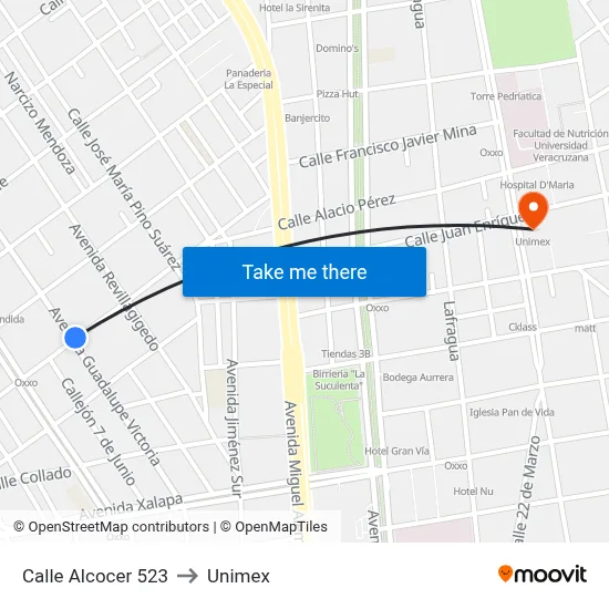 Calle Alcocer 523 to Unimex map