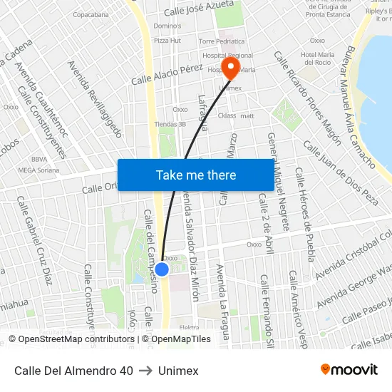 Calle Del Almendro 40 to Unimex map