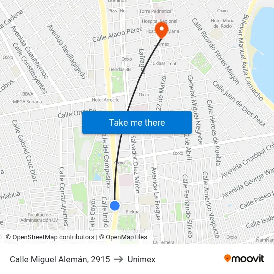 Calle Miguel Alemán, 2915 to Unimex map