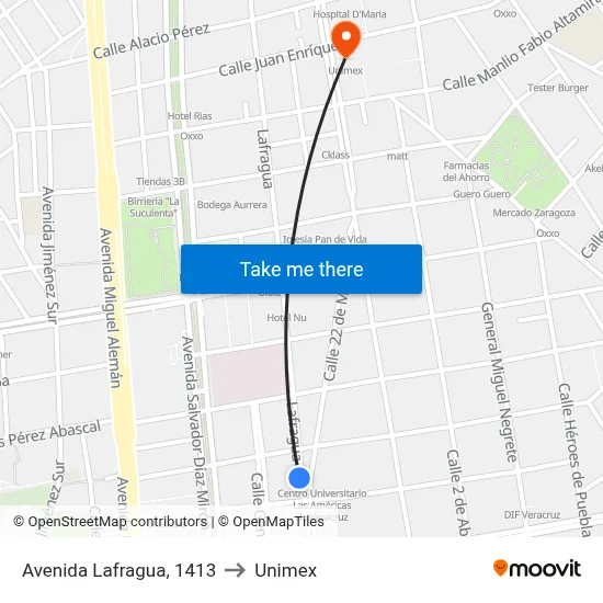 Avenida Lafragua, 1413 to Unimex map