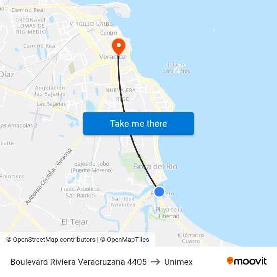 Boulevard Riviera Veracruzana 4405 to Unimex map