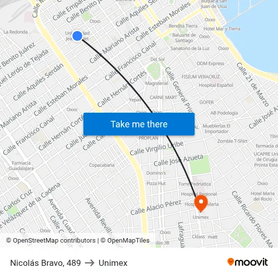 Nicolás Bravo, 489 to Unimex map