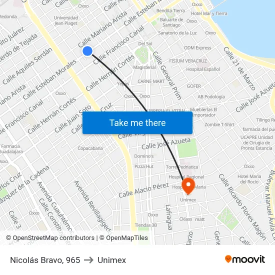 Nicolás Bravo, 965 to Unimex map
