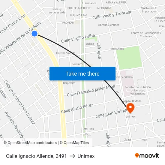 Calle Ignacio Allende, 2491 to Unimex map