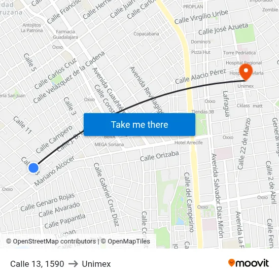 Calle 13, 1590 to Unimex map