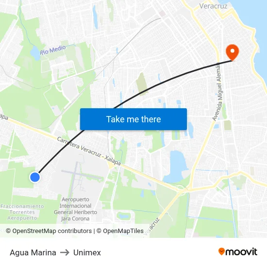 Agua Marina to Unimex map