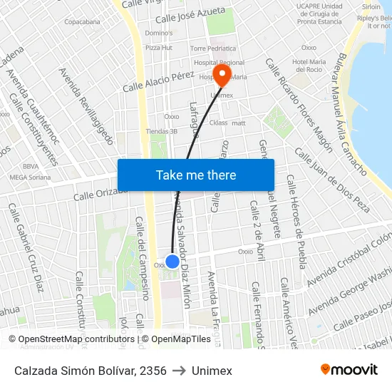 Calzada Simón Bolívar, 2356 to Unimex map