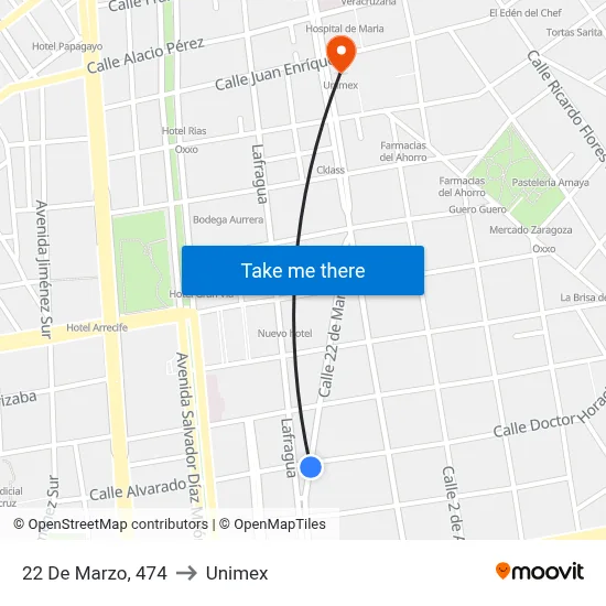 22 De Marzo, 474 to Unimex map