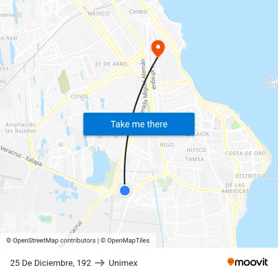 25 De Diciembre, 192 to Unimex map