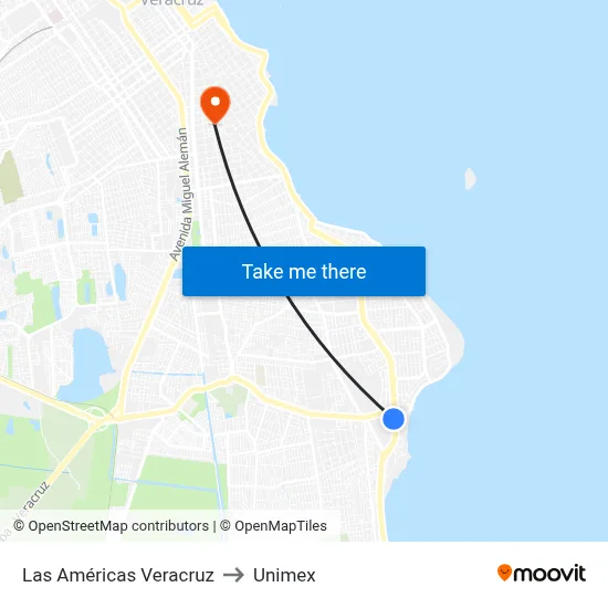 Las Américas Veracruz to Unimex map