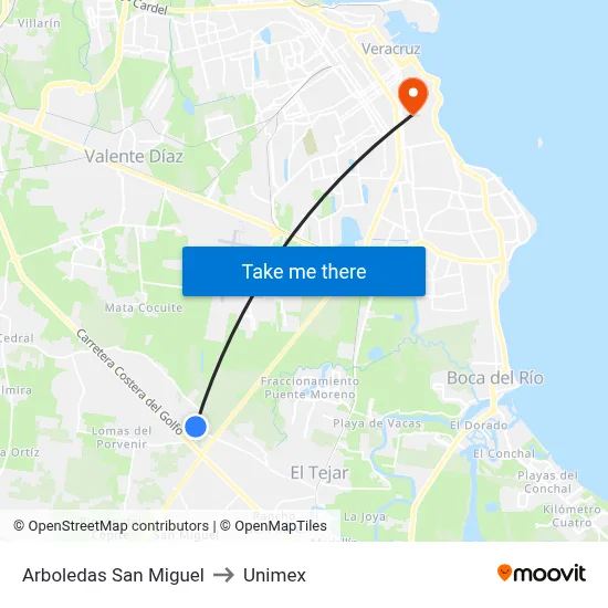Arboledas San Miguel to Unimex map