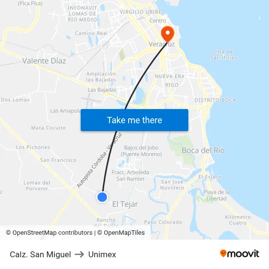 Calz. San Miguel to Unimex map