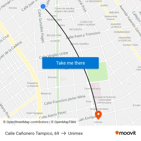 Calle Cañonero Tampico, 69 to Unimex map