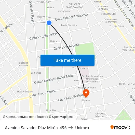 Avenida Salvador Díaz Mirón, 496 to Unimex map