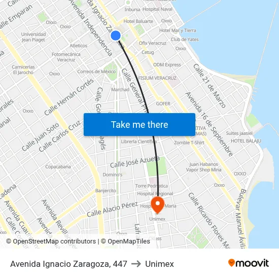 Avenida Ignacio Zaragoza, 447 to Unimex map
