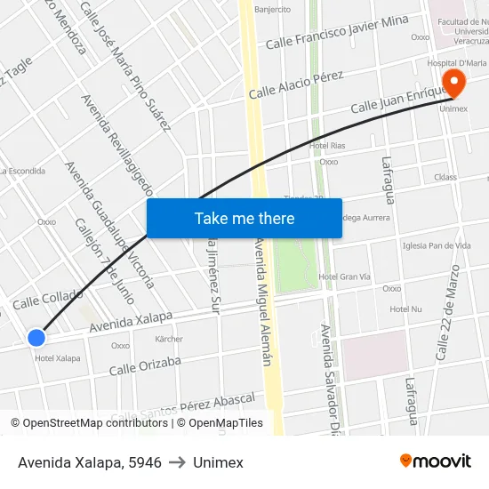 Avenida Xalapa, 5946 to Unimex map