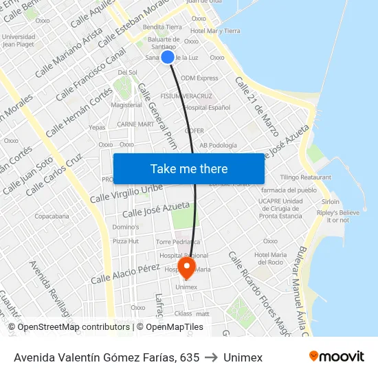 Avenida Valentín Gómez Farías, 635 to Unimex map