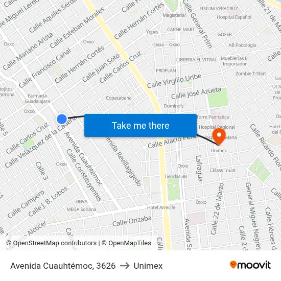 Avenida Cuauhtémoc, 3626 to Unimex map