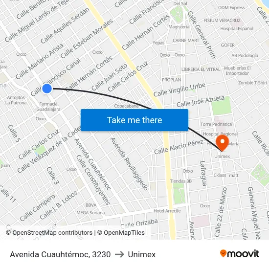 Avenida Cuauhtémoc, 3230 to Unimex map