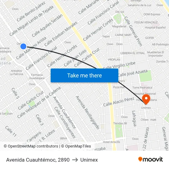 Avenida Cuauhtémoc, 2890 to Unimex map