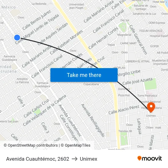 Avenida Cuauhtémoc, 2602 to Unimex map