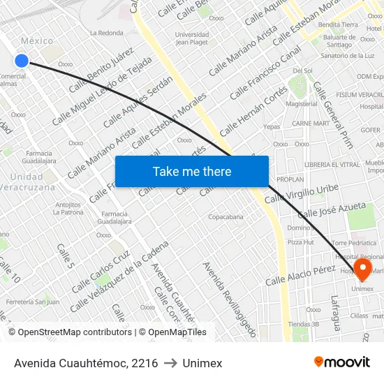 Avenida Cuauhtémoc, 2216 to Unimex map