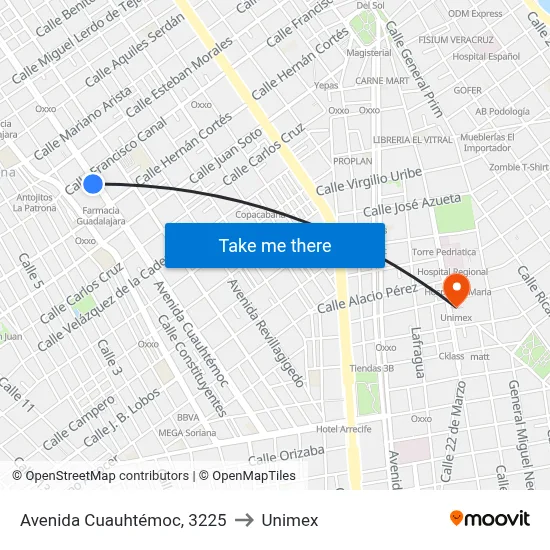 Avenida Cuauhtémoc, 3225 to Unimex map