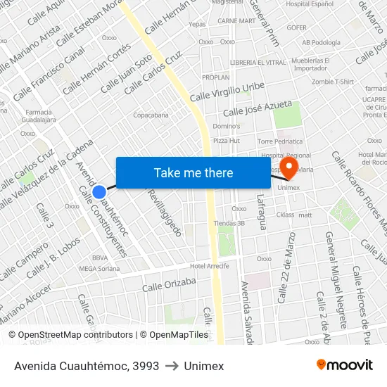 Avenida Cuauhtémoc, 3993 to Unimex map