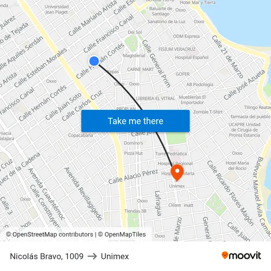 Nicolás Bravo, 1009 to Unimex map