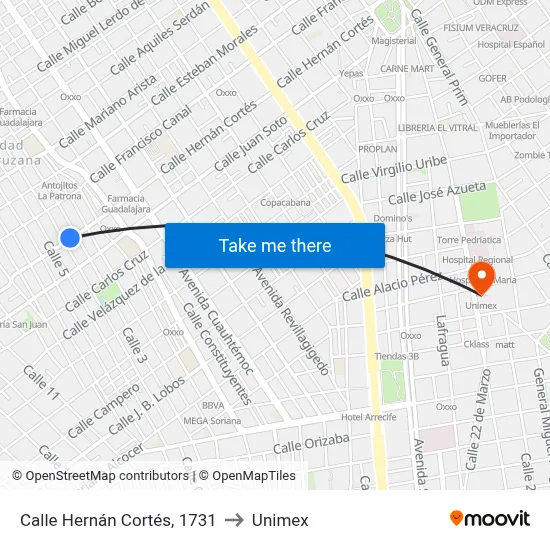 Calle Hernán Cortés, 1731 to Unimex map