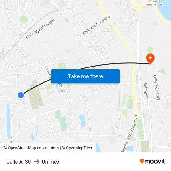 Calle A, 30 to Unimex map