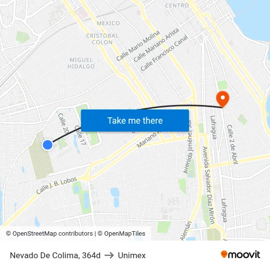 Nevado De Colima, 364d to Unimex map
