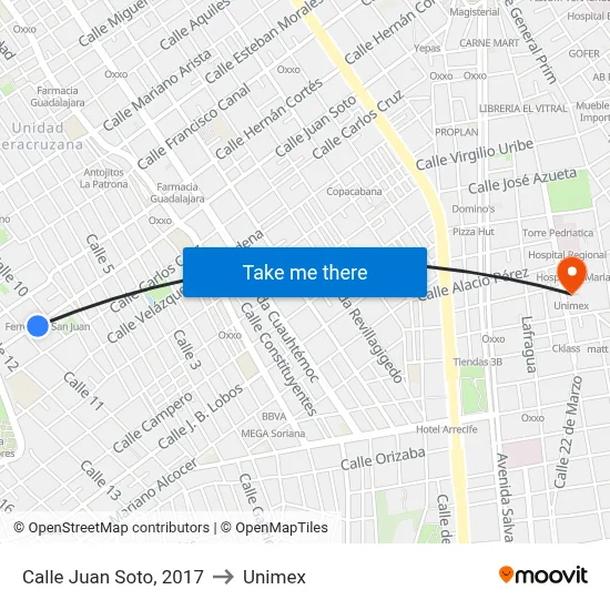 Calle Juan Soto, 2017 to Unimex map