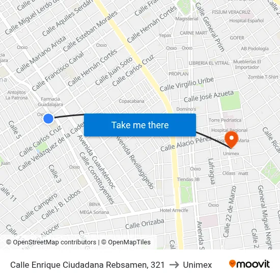 Calle Enrique Ciudadana Rebsamen, 321 to Unimex map