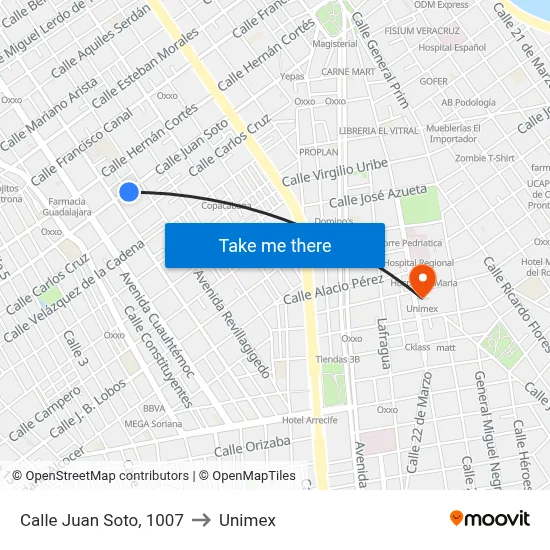 Calle Juan Soto, 1007 to Unimex map