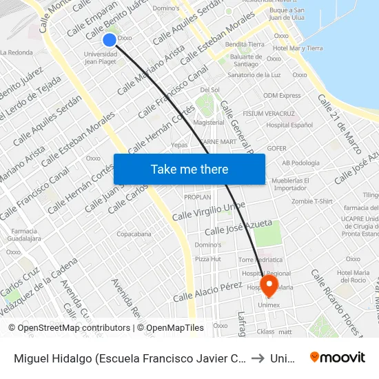 Miguel Hidalgo (Escuela Francisco Javier Clavijero) to Unimex map